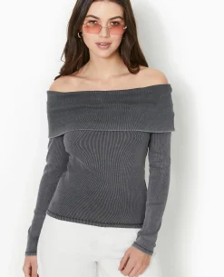 Top Manches Longues Encolure Bardot - Gris Foncé
