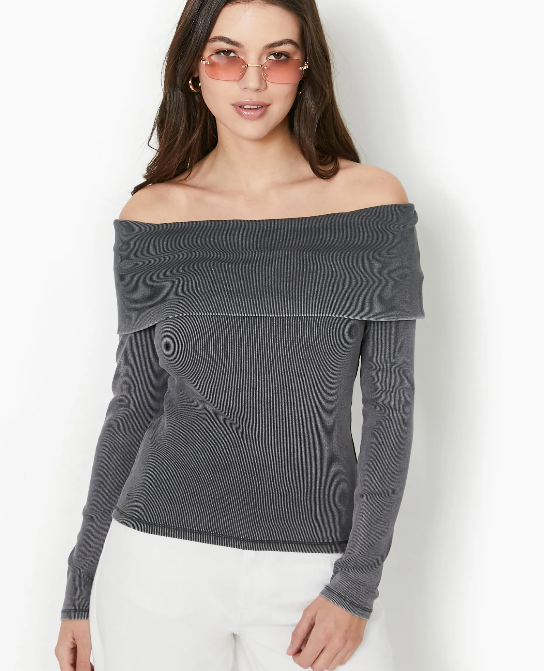 Top Manches Longues Encolure Bardot - Gris Foncé