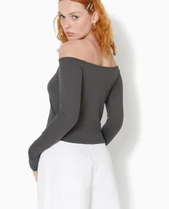 Top Manches Longues Encolure Bardot - Gris Foncé
