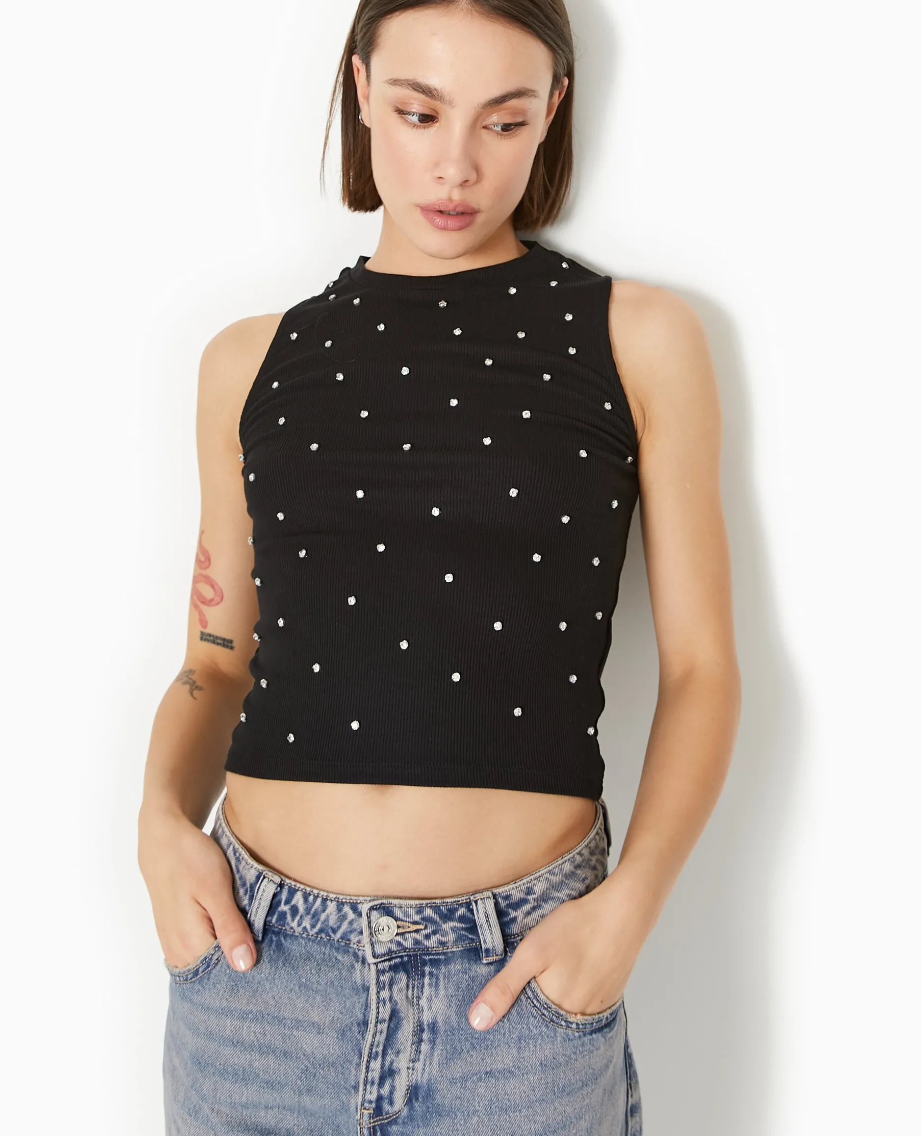 Top Sans Manches Avec Strass En All Over - Noir
