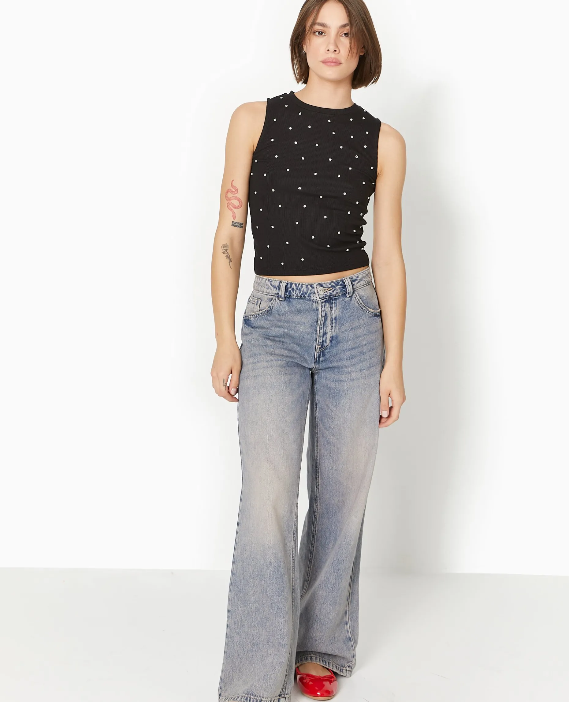 Top Sans Manches Avec Strass En All Over - Noir