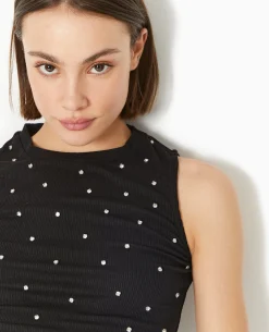 Top Sans Manches Avec Strass En All Over - Noir