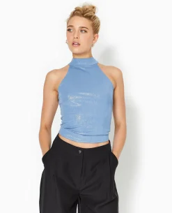 Top Sans Manches Col Montant Avec Lurex - Bleu