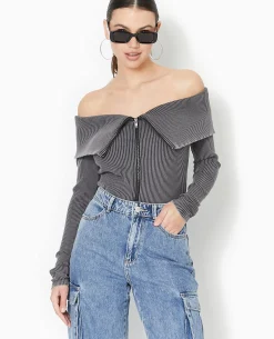 Top Zippé Encolure Bardot - Gris