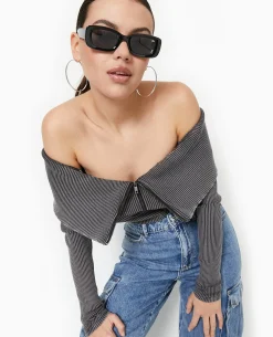 Top Zippé Encolure Bardot - Gris
