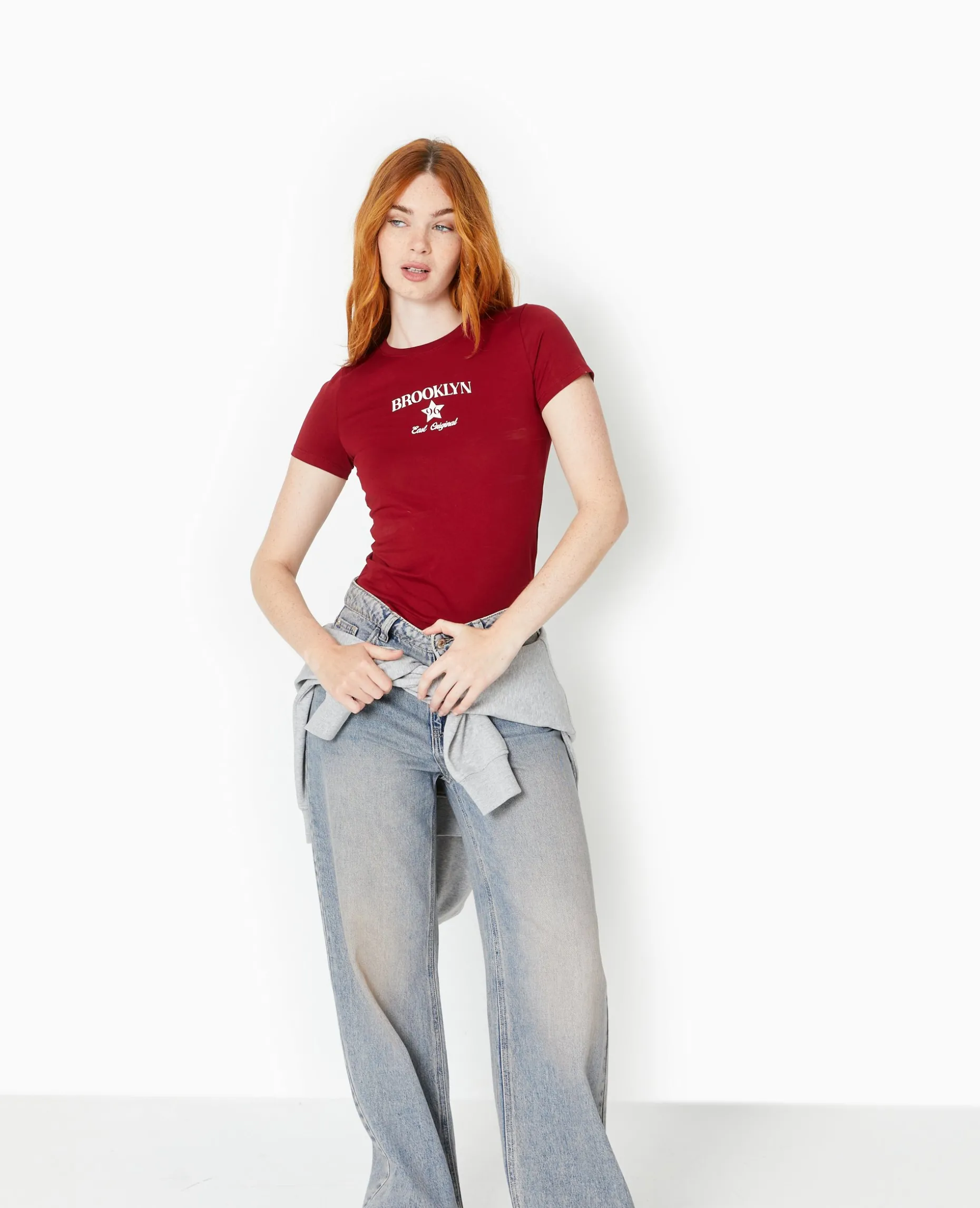 T-shirt Ajusté Avec Print - Bordeaux