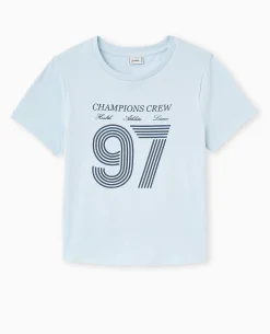 T-shirt Ajusté Avec Print Devant - Bleu