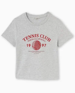 T-shirt Ajusté Avec Print Devant - Gris Chiné