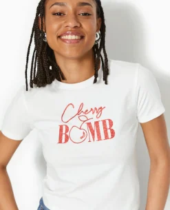 T-shirt Ajusté Avec Print Paillettes Devant - Blanc