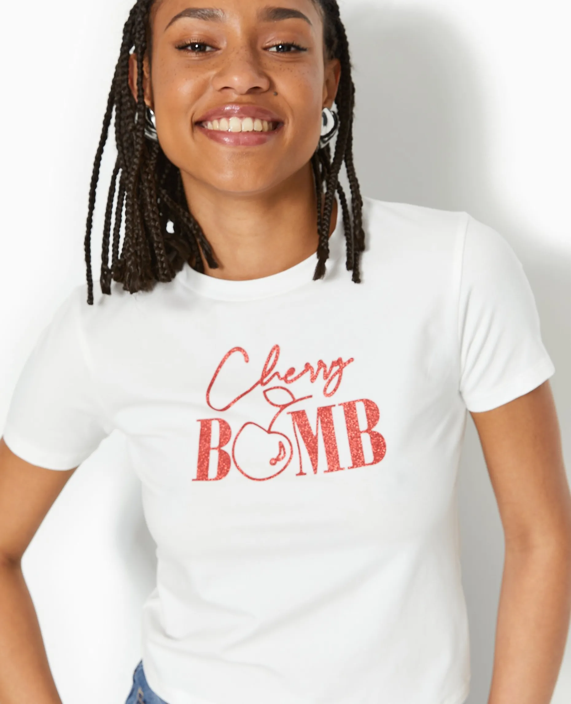T-shirt Ajusté Avec Print Paillettes Devant - Blanc