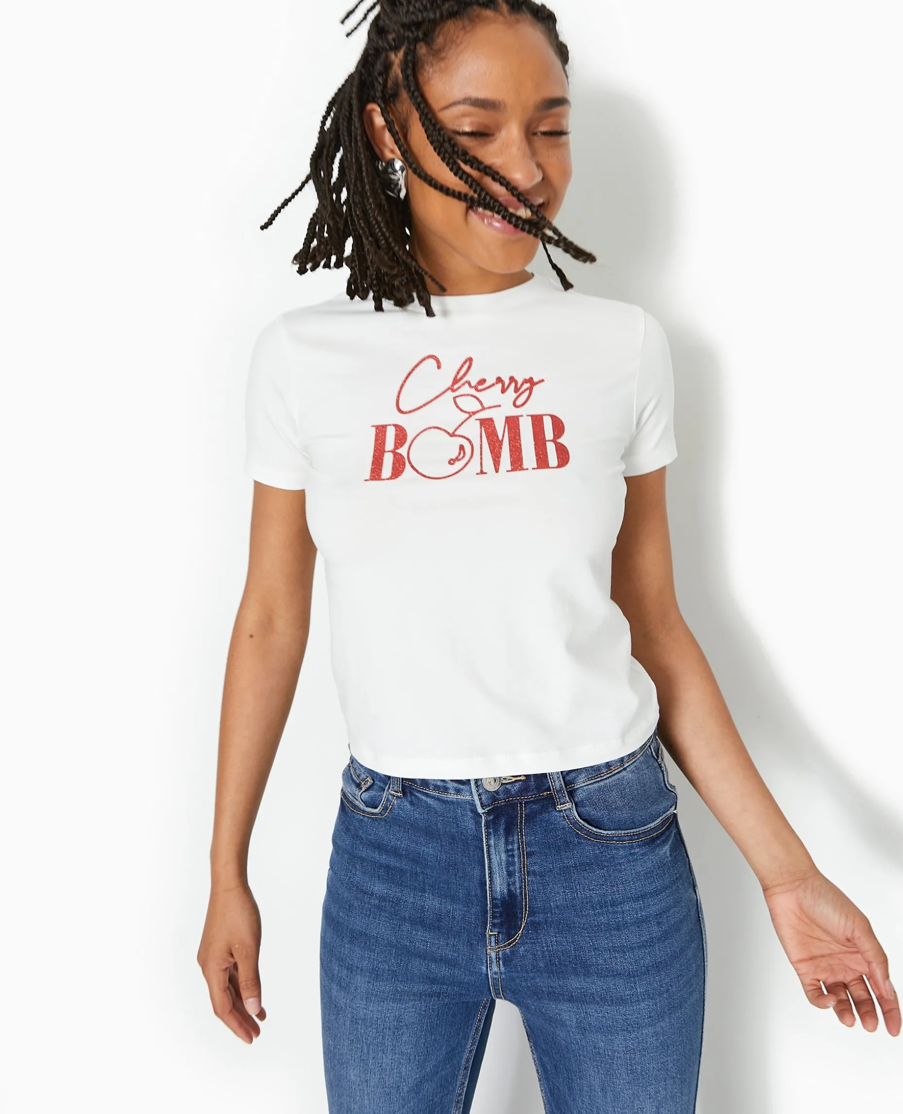 T-shirt Ajusté Avec Print Paillettes Devant - Blanc