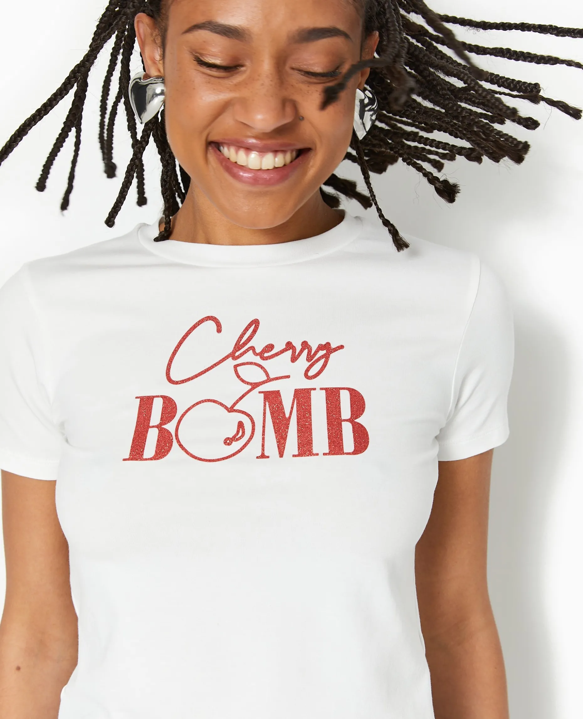 T-shirt Ajusté Avec Print Paillettes Devant - Blanc