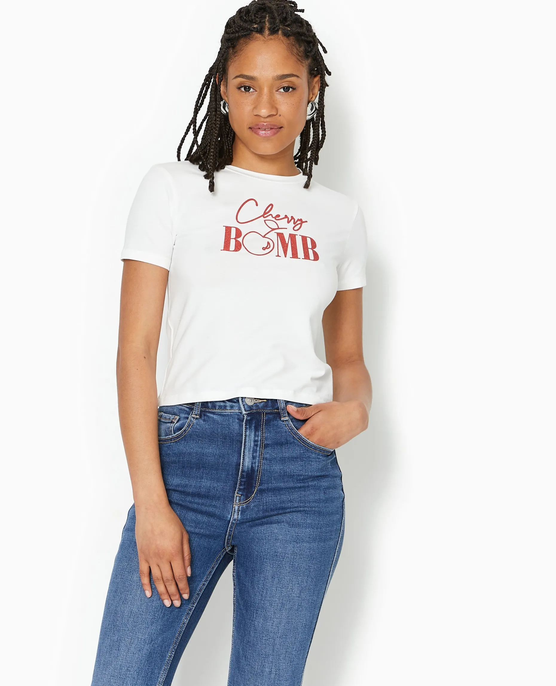 T-shirt Ajusté Avec Print Paillettes Devant - Blanc