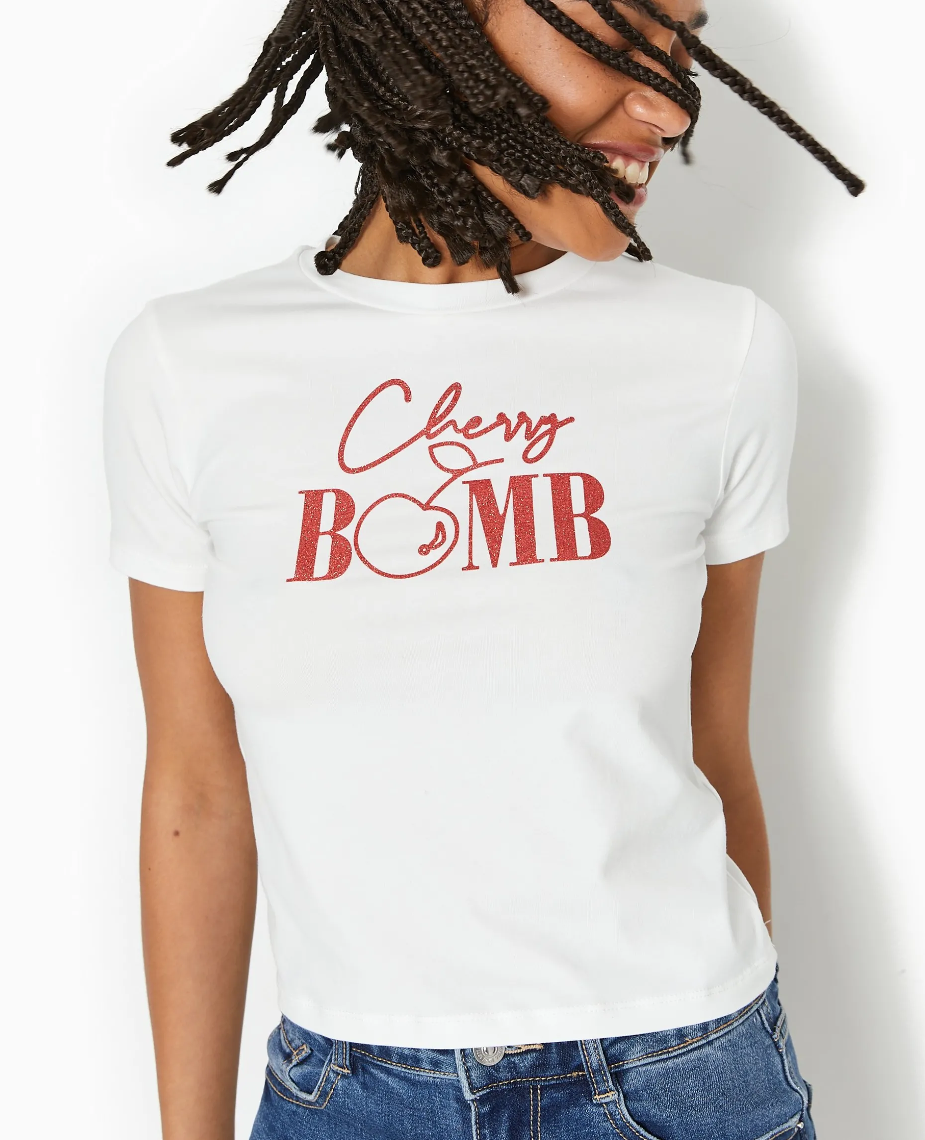 T-shirt Ajusté Avec Print Paillettes Devant - Blanc
