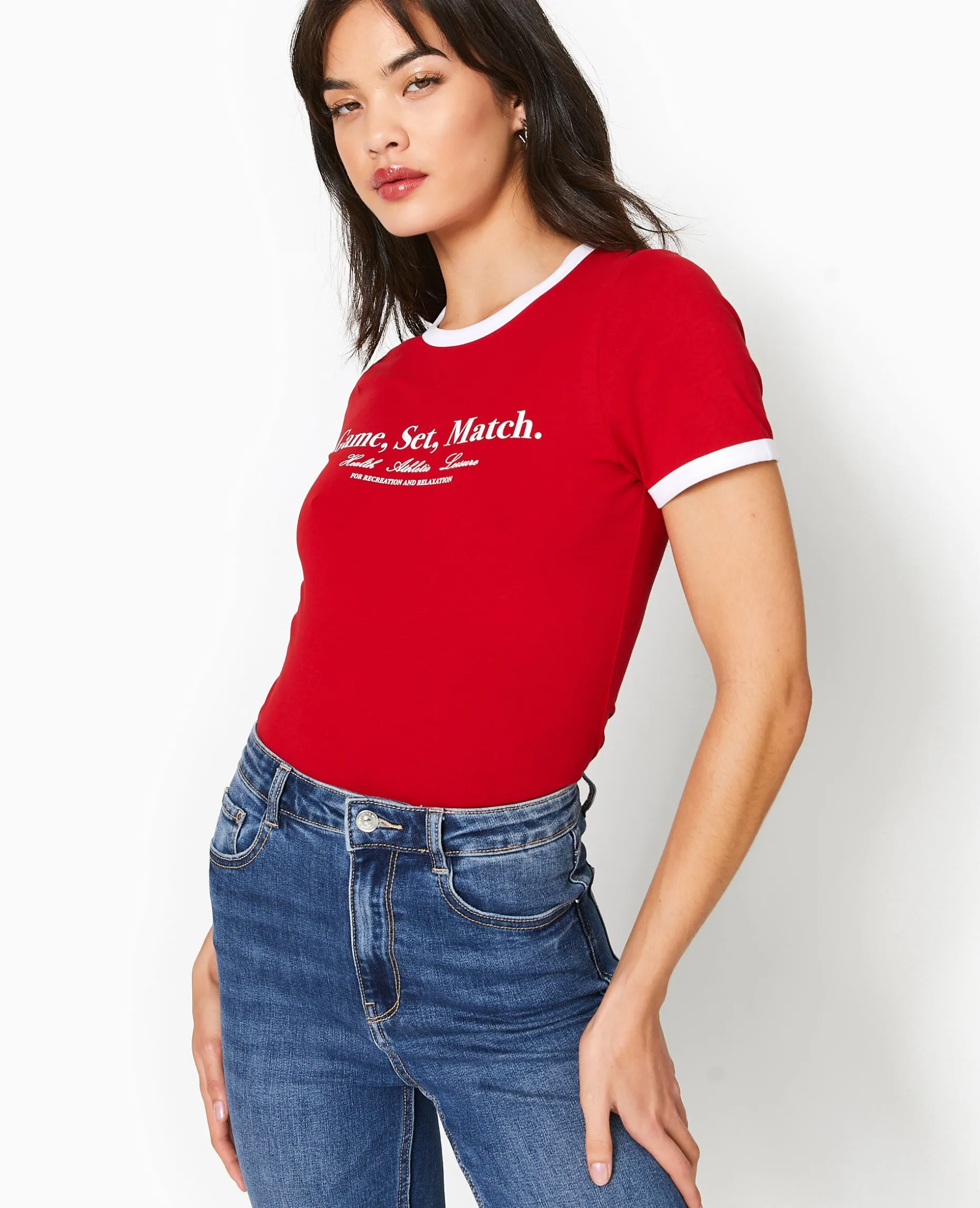 T-shirt Avec Print Et Biais Contrastés - Rouge