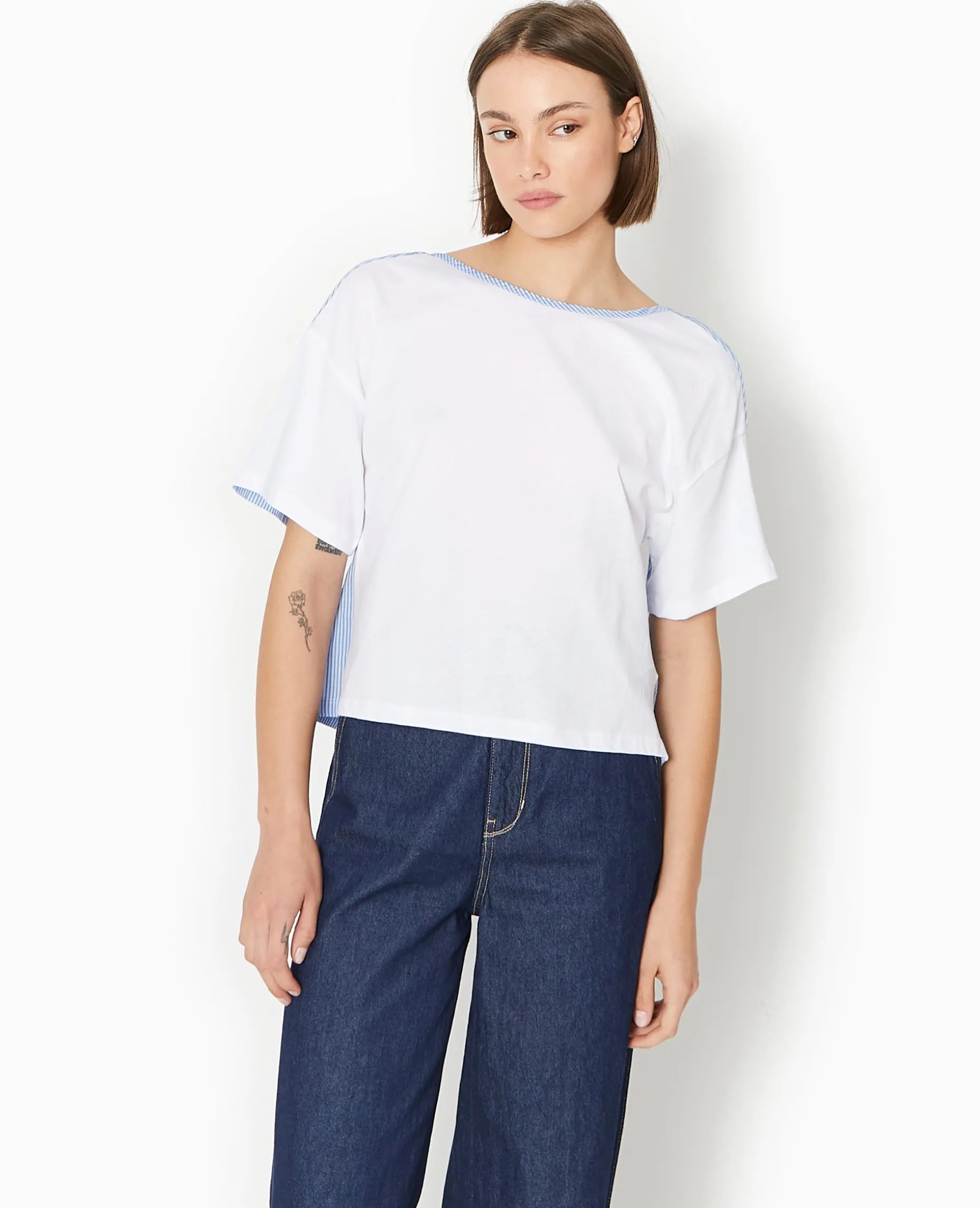 T-shirt Bi-matiè;re Avec Nouettes Dos - Blanc