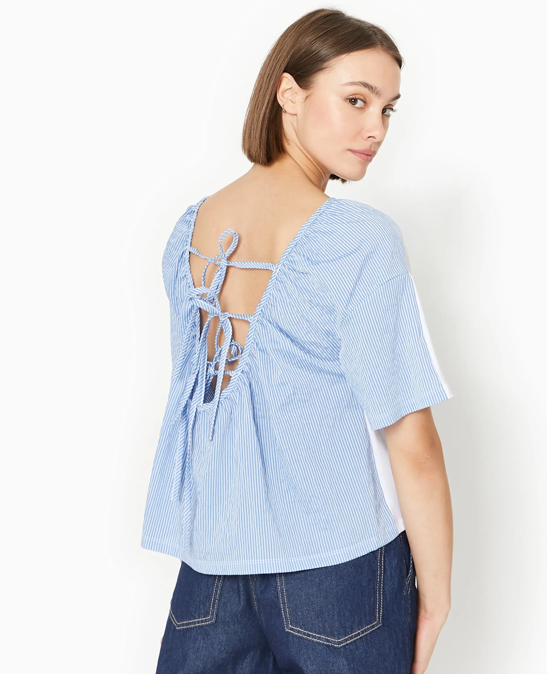T-shirt Bi-matiè;re Avec Nouettes Dos - Blanc