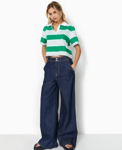 T-shirt Court Col Polo Rayé - Bleu Clair
