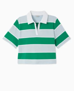 T-shirt Court Col Polo Rayé - Bleu Clair