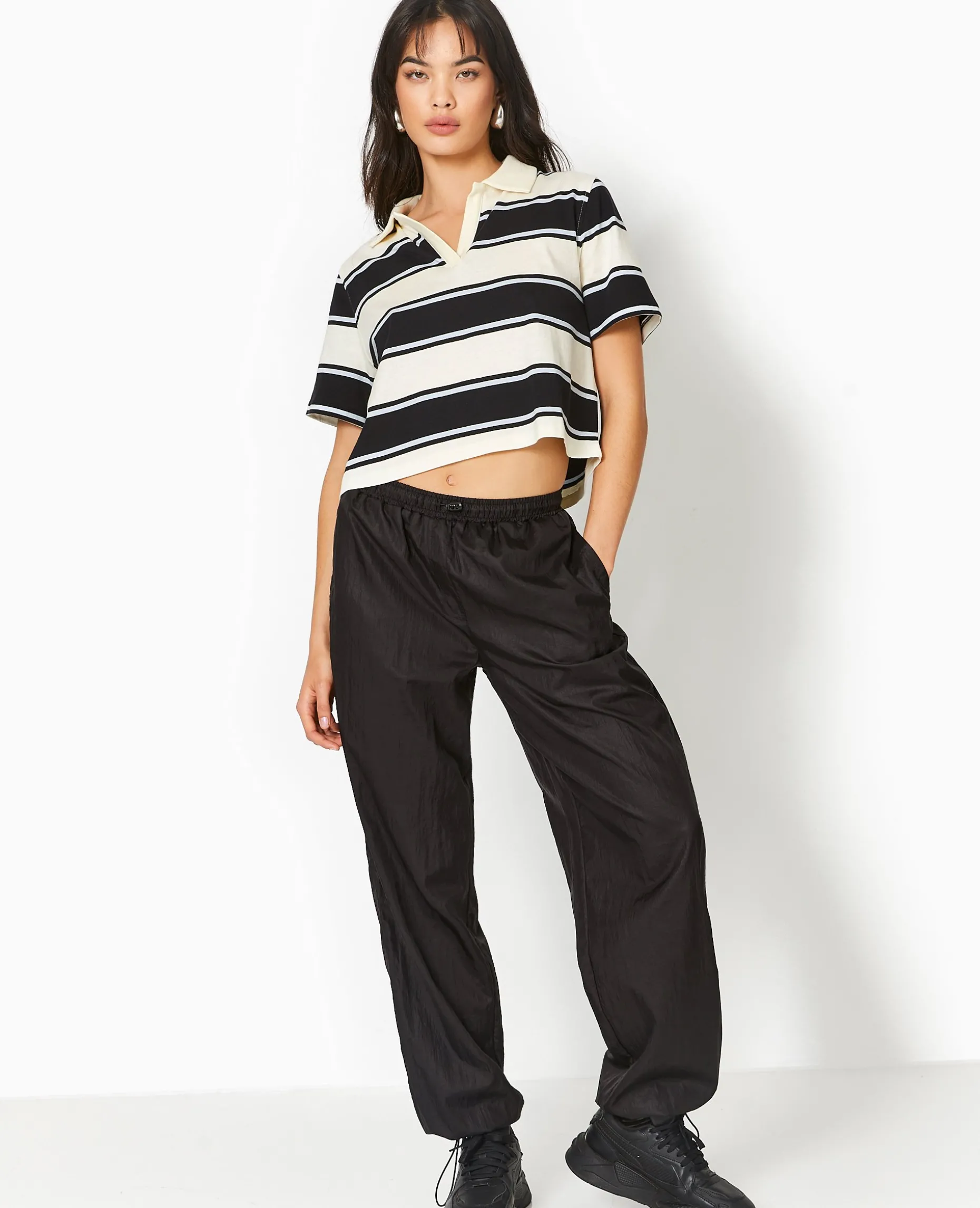 T-shirt Court Col Polo Rayé - écru