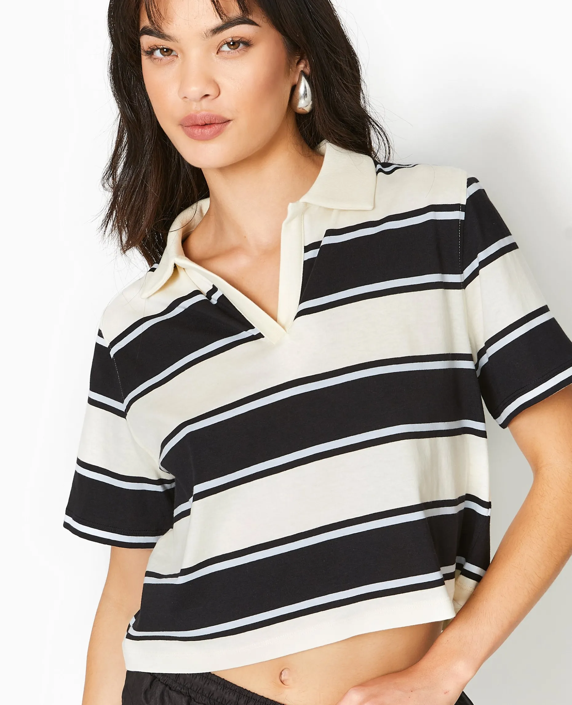 T-shirt Court Col Polo Rayé - écru