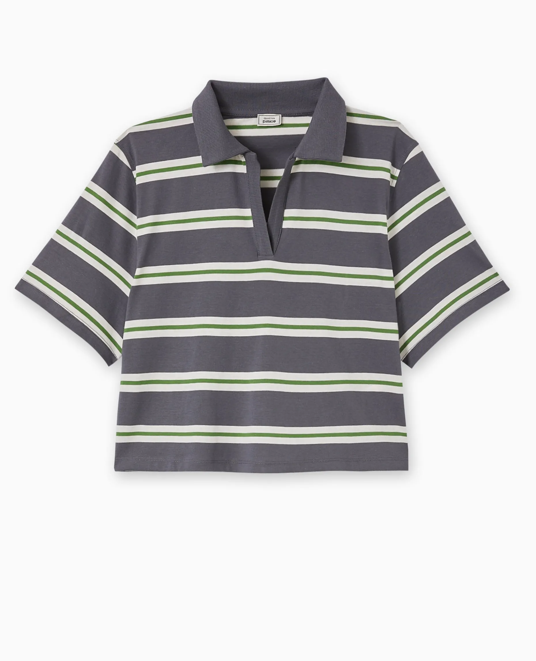 T-shirt Court Col Polo Rayé - Gris Foncé
