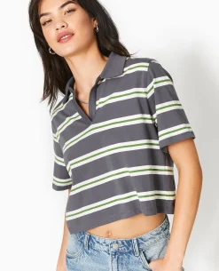 T-shirt Court Col Polo Rayé - Gris Foncé