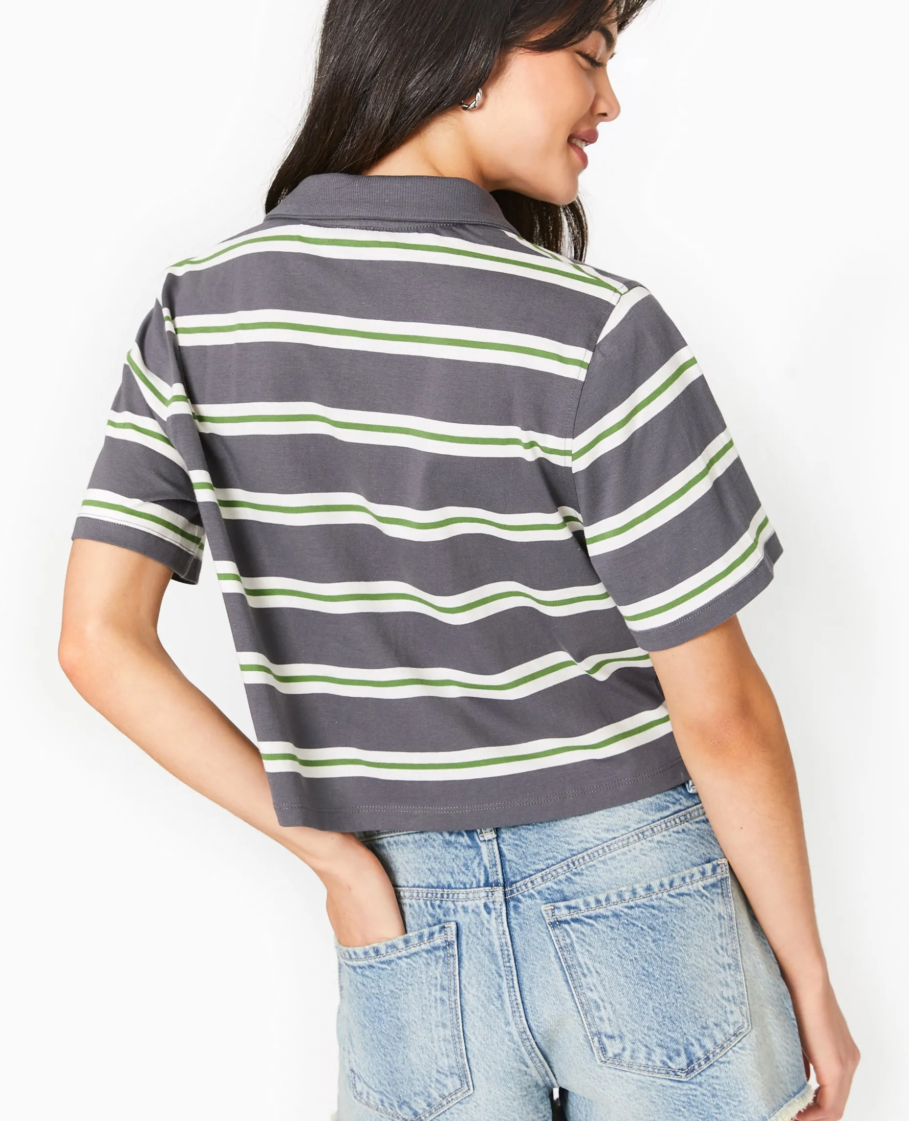 T-shirt Court Col Polo Rayé - Gris Foncé