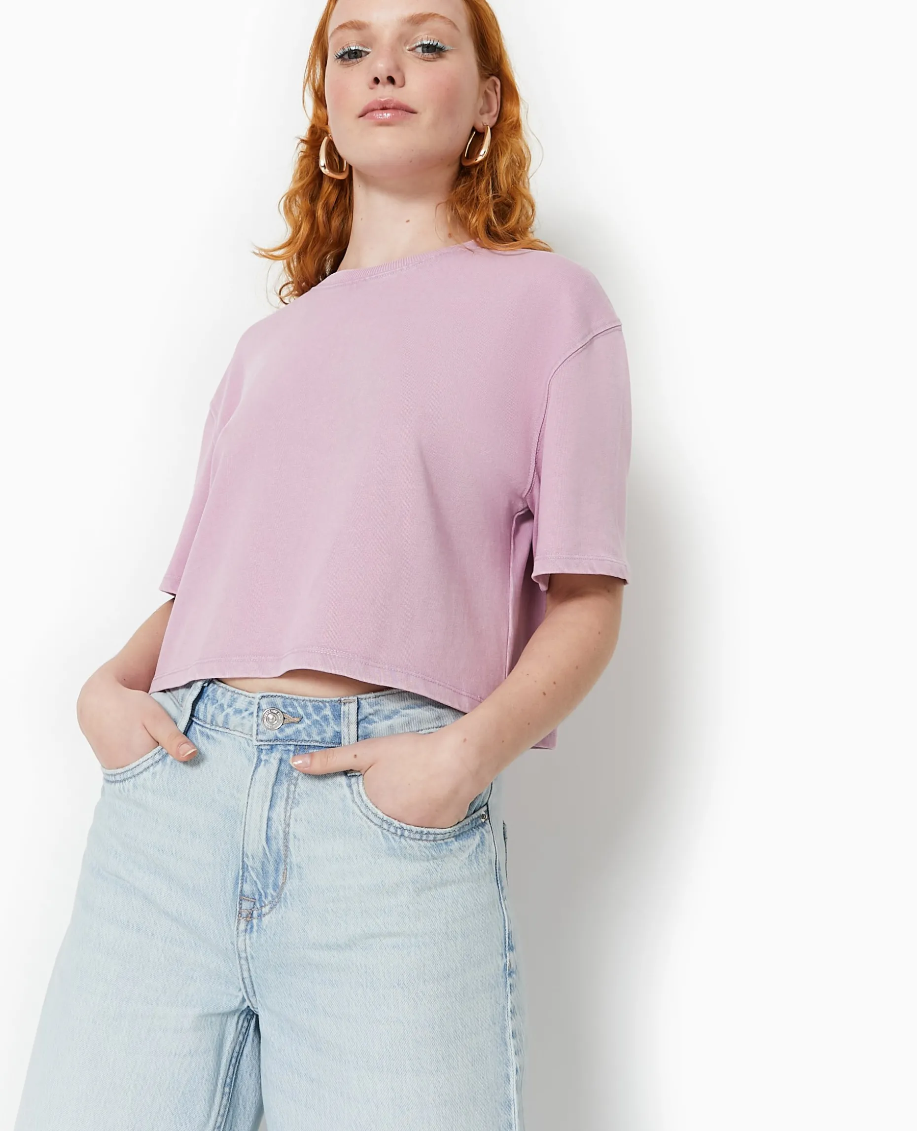 T-shirt Court En Coton épais Effet Délavé - Rose