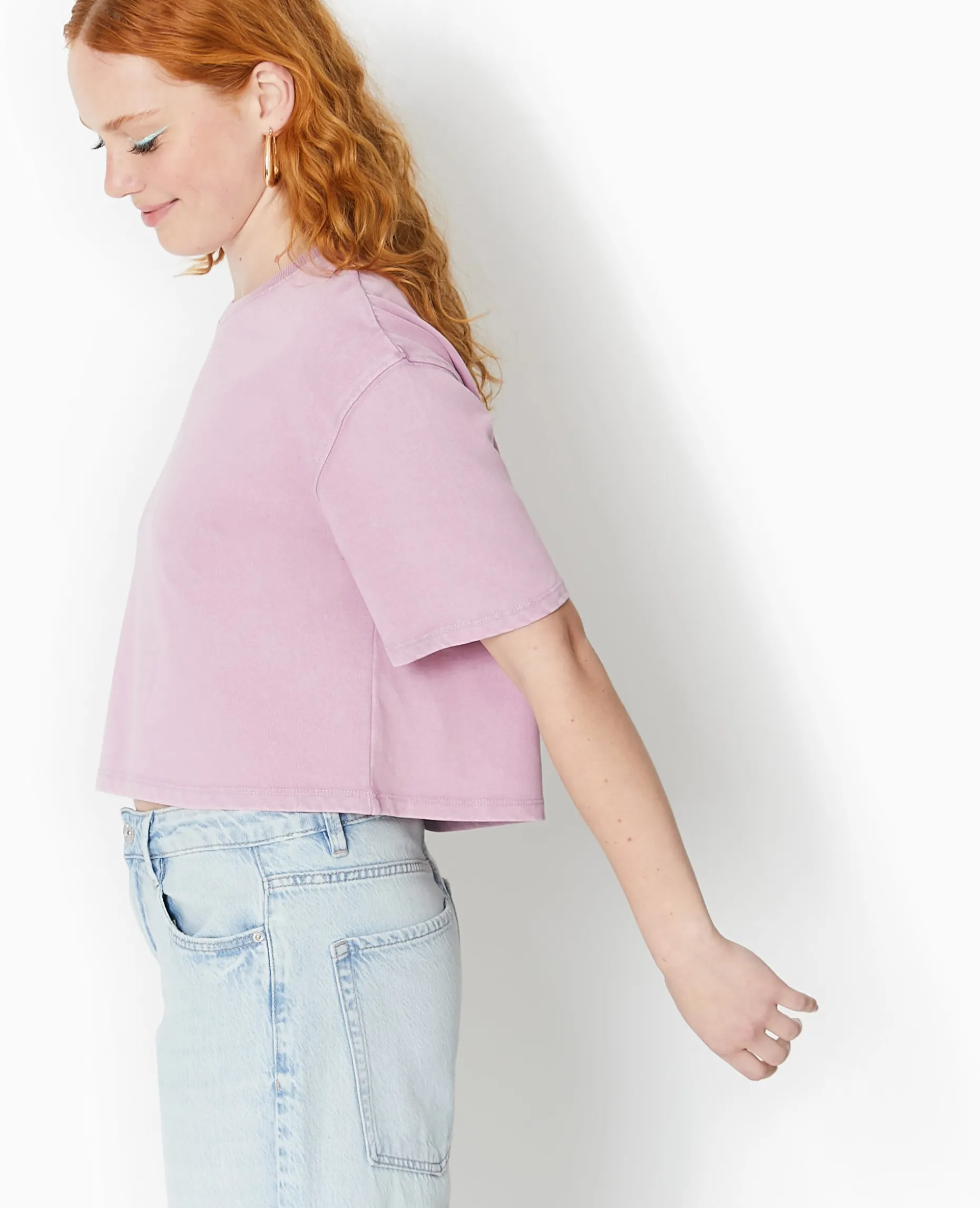 T-shirt Court En Coton épais Effet Délavé - Rose