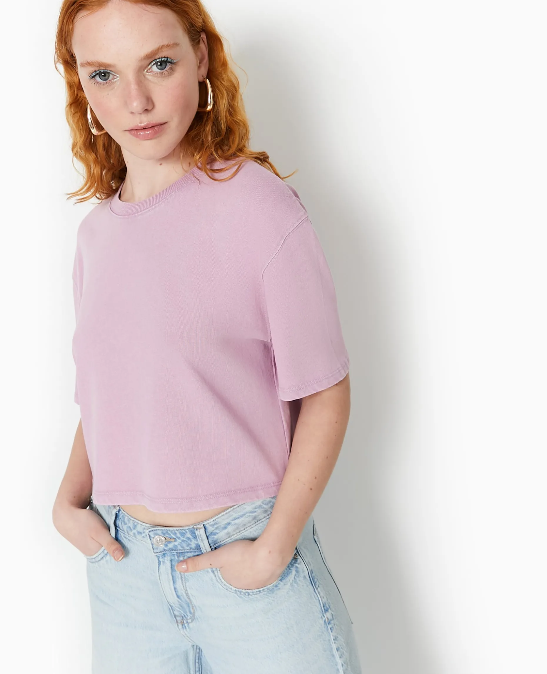 T-shirt Court En Coton épais Effet Délavé - Rose