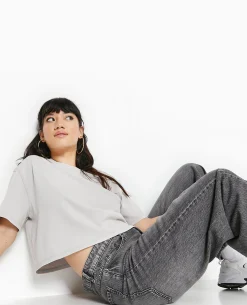 T-shirt Court En Coton épais Effet Délavé - Gris Clair