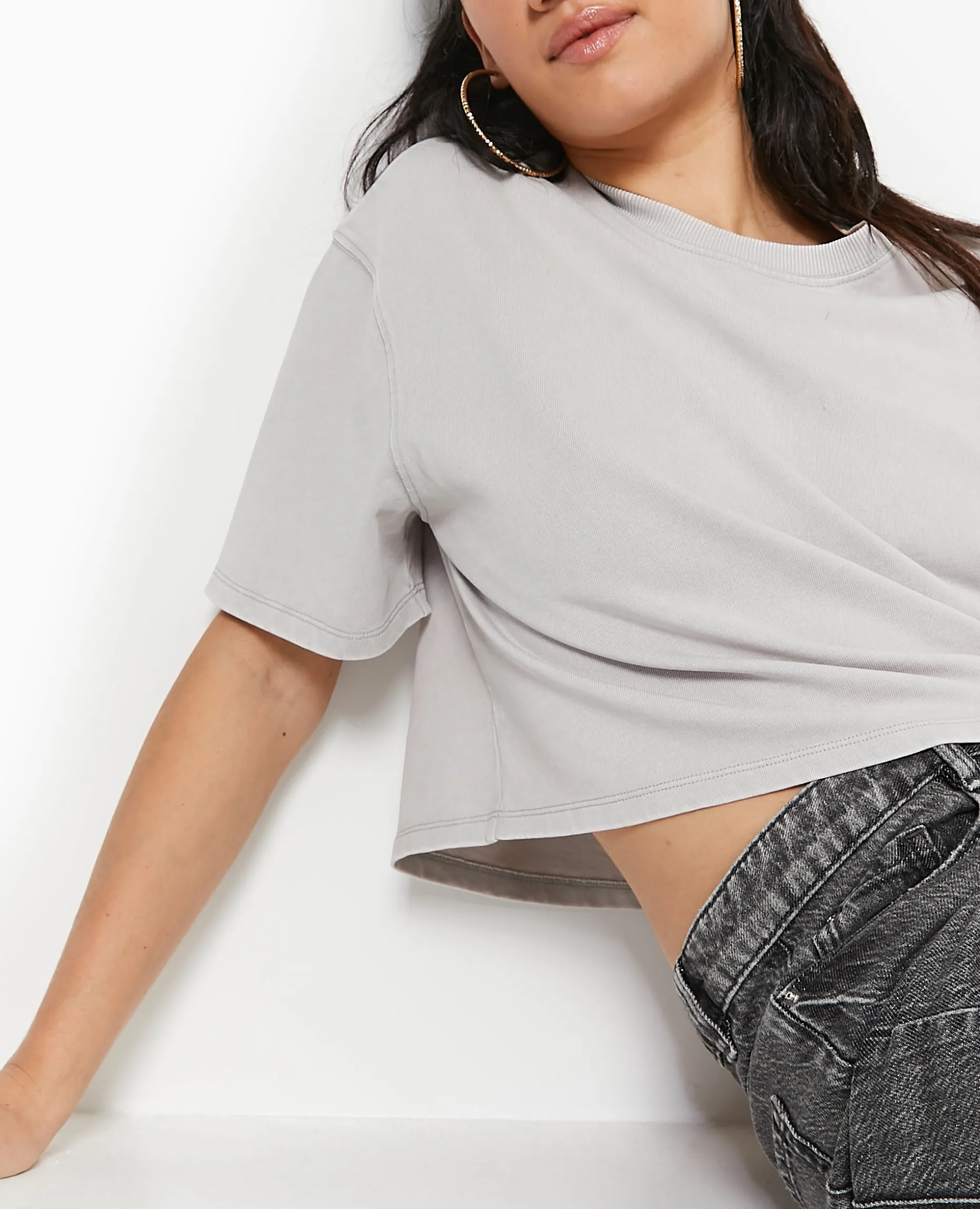 T-shirt Court En Coton épais Effet Délavé - Gris Clair
