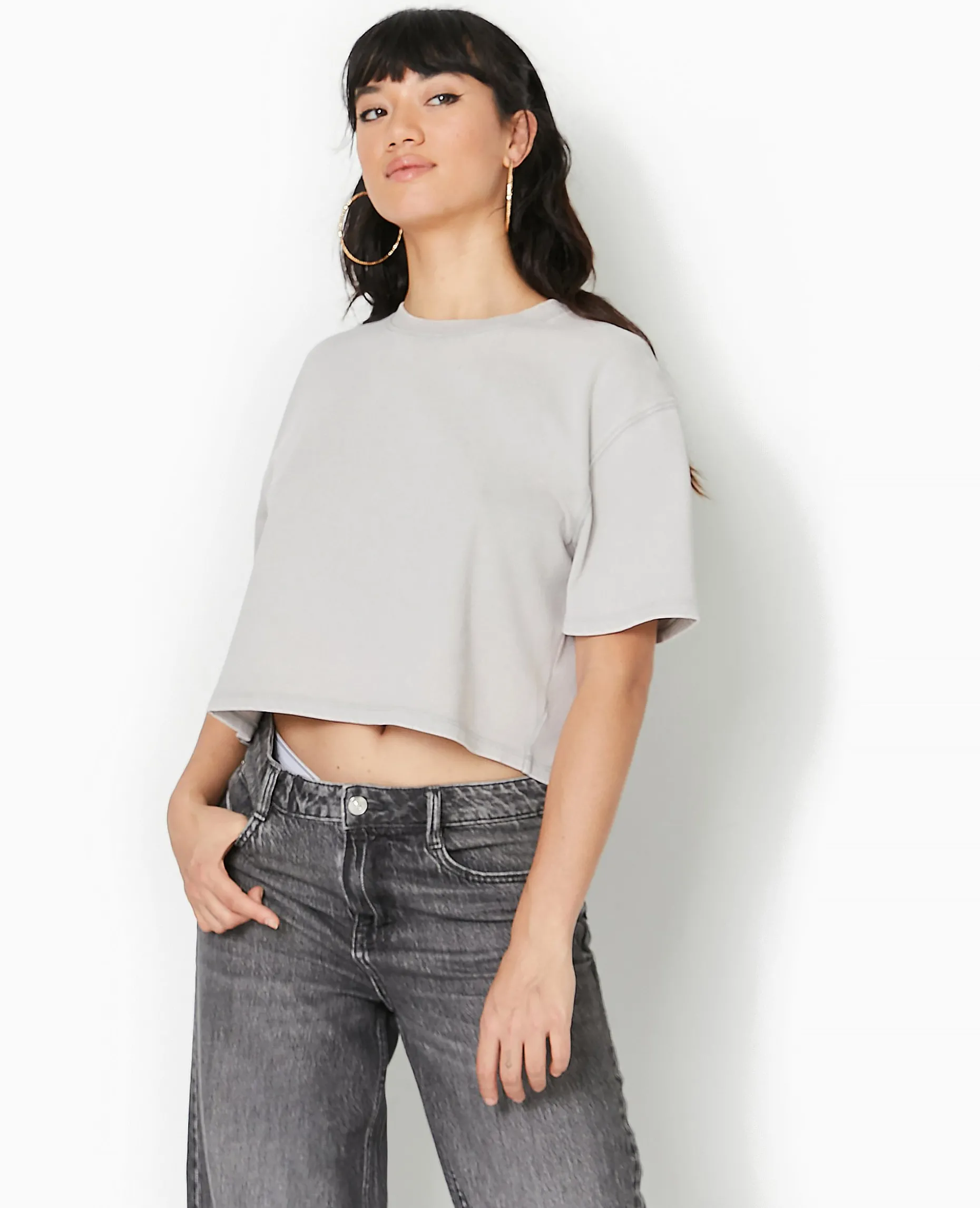 T-shirt Court En Coton épais Effet Délavé - Gris Clair