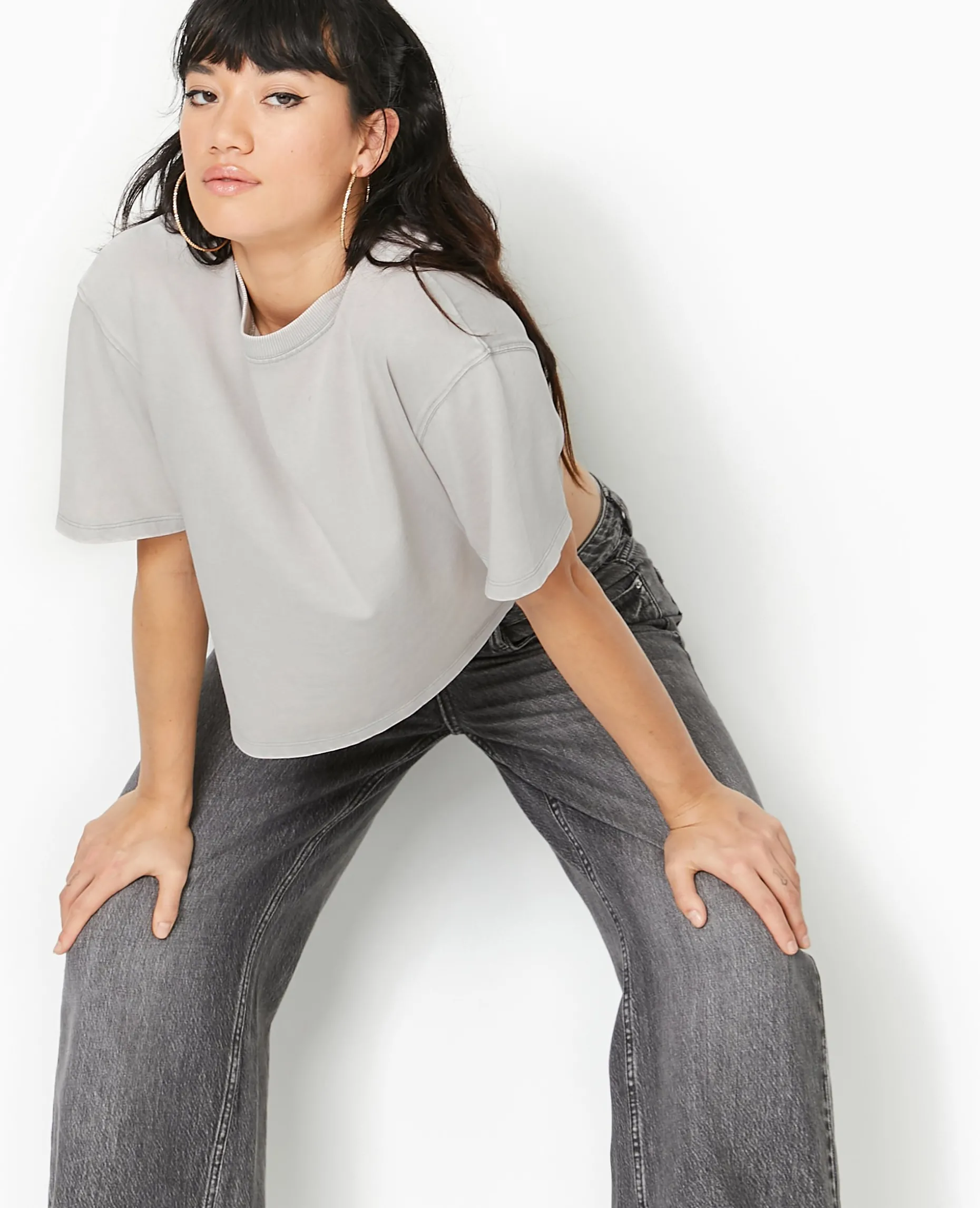 T-shirt Court En Coton épais Effet Délavé - Gris Clair