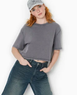 T-shirt Court En Coton épais Effet Délavé - Gris Foncé