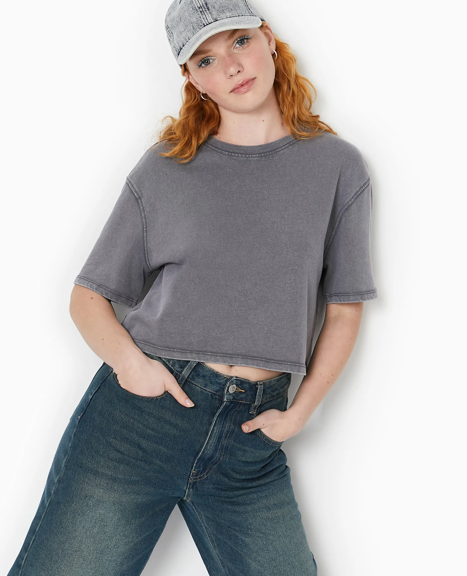 T-shirt Court En Coton épais Effet Délavé - Gris Foncé