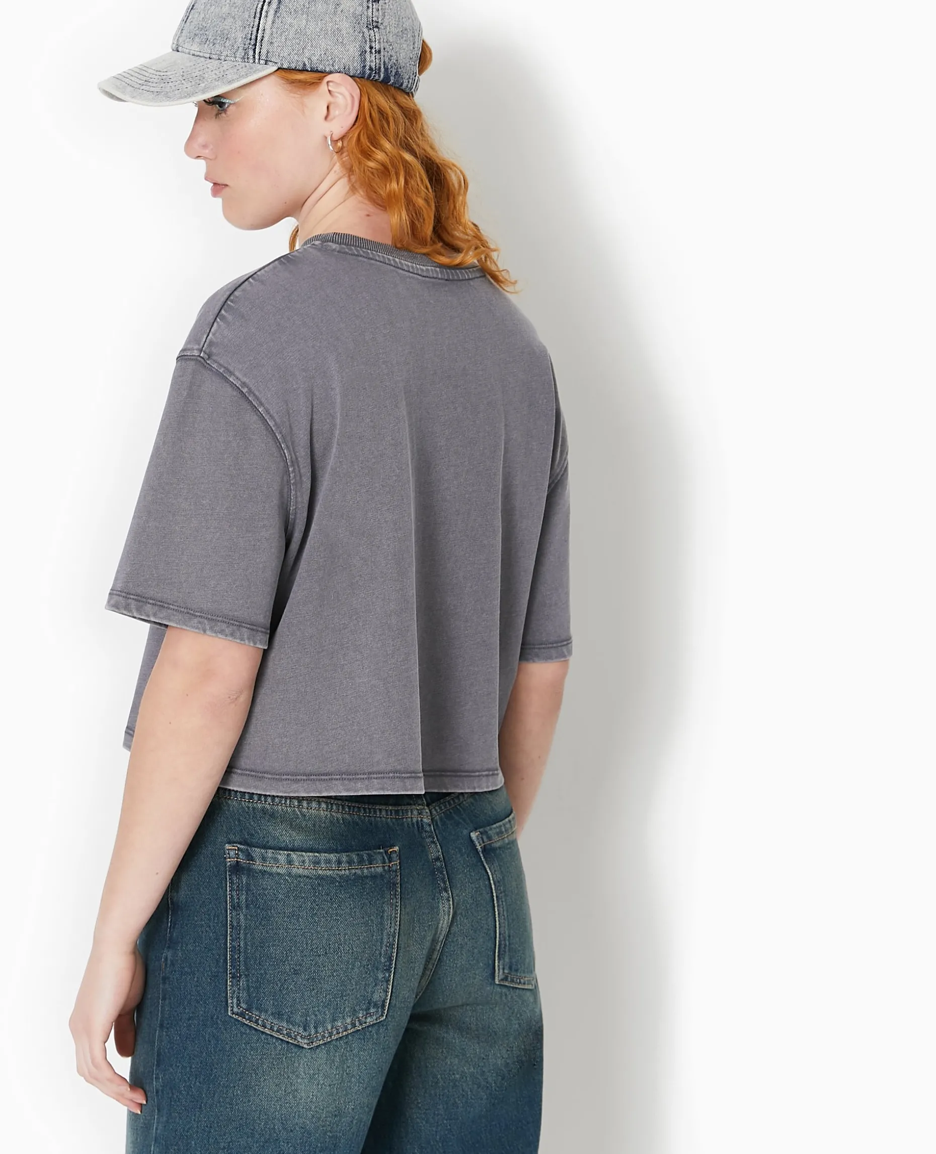 T-shirt Court En Coton épais Effet Délavé - Gris Foncé