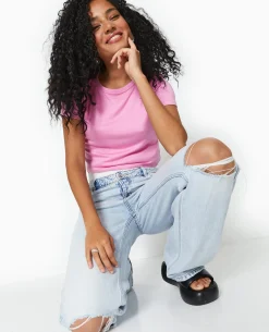 T-shirt Court En Maille Fluide - Rose