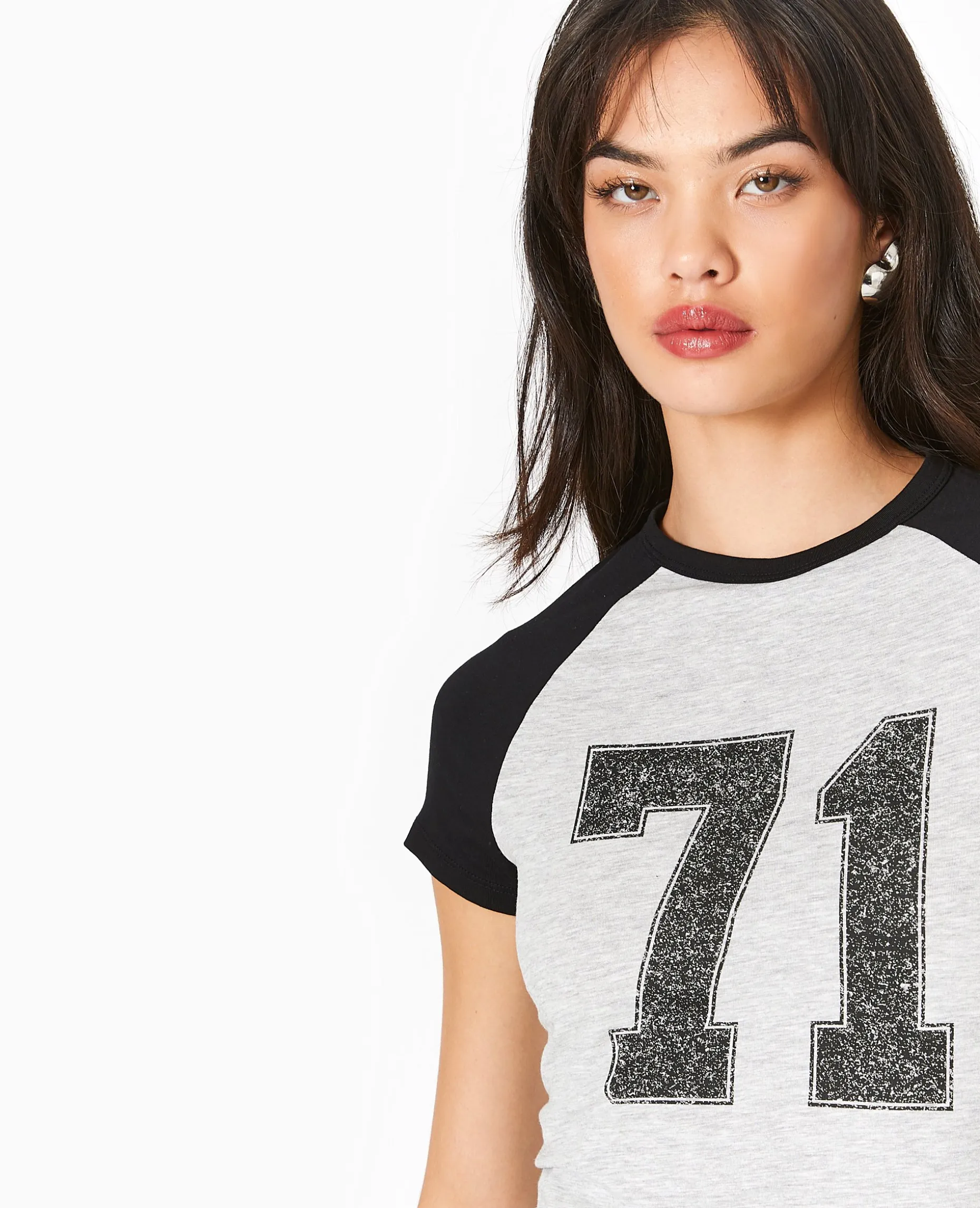 T-shirt Court Manches Raglan Avec Print - Gris Chiné