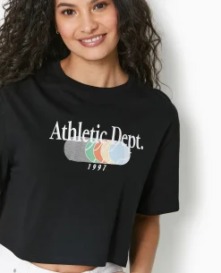 T-shirt Cropped Avec Print Devant - Noir