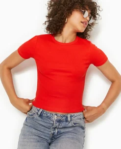 T-shirt En Maille Côtelée - Rouge
