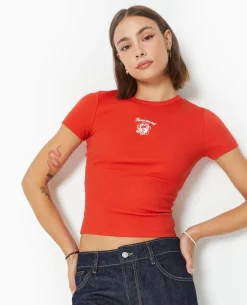 T-shirt En Maille Côtelée Avec Broderie - Rouge