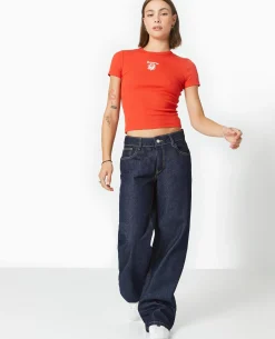 T-shirt En Maille Côtelée Avec Broderie - Rouge