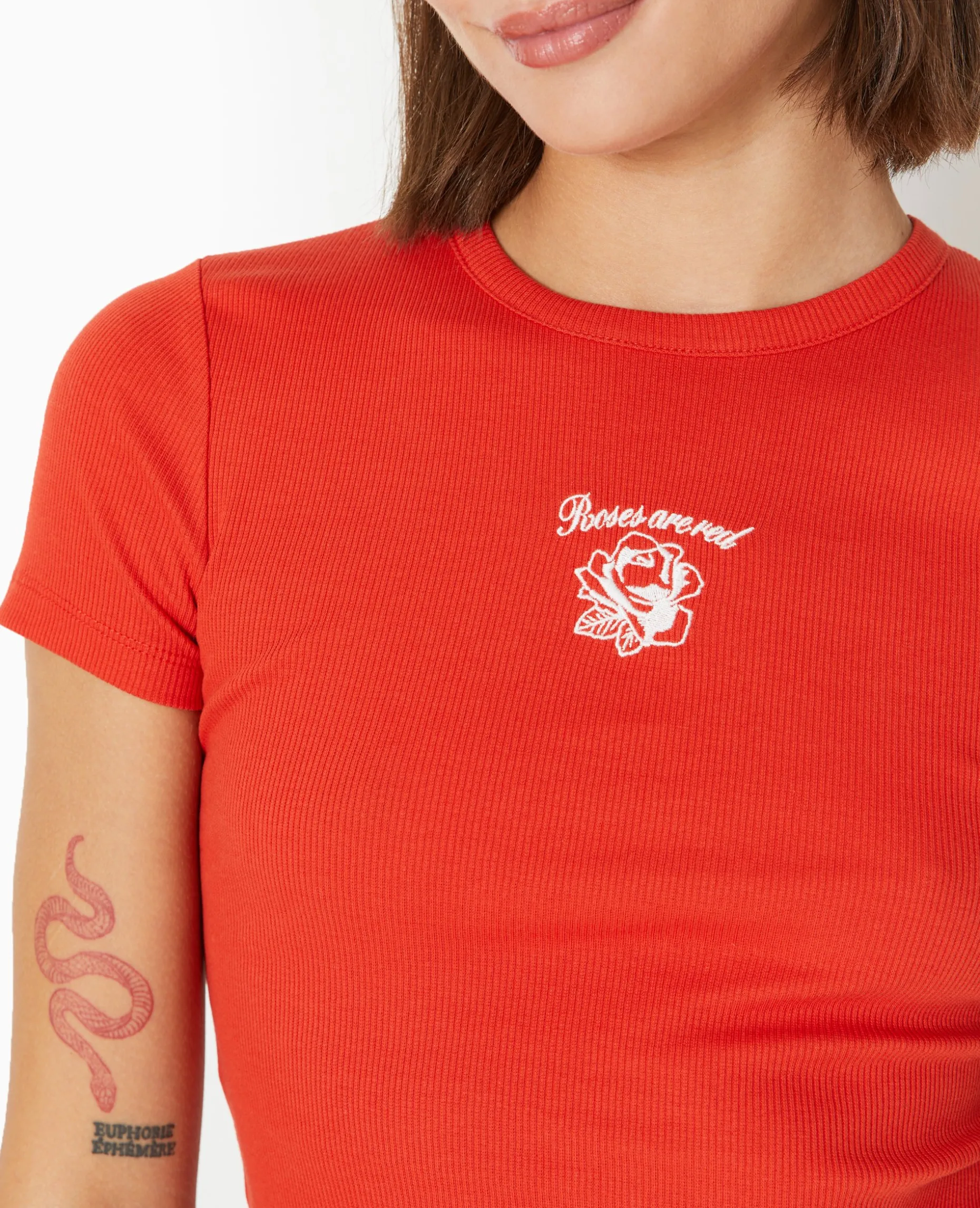 T-shirt En Maille Côtelée Avec Broderie - Rouge