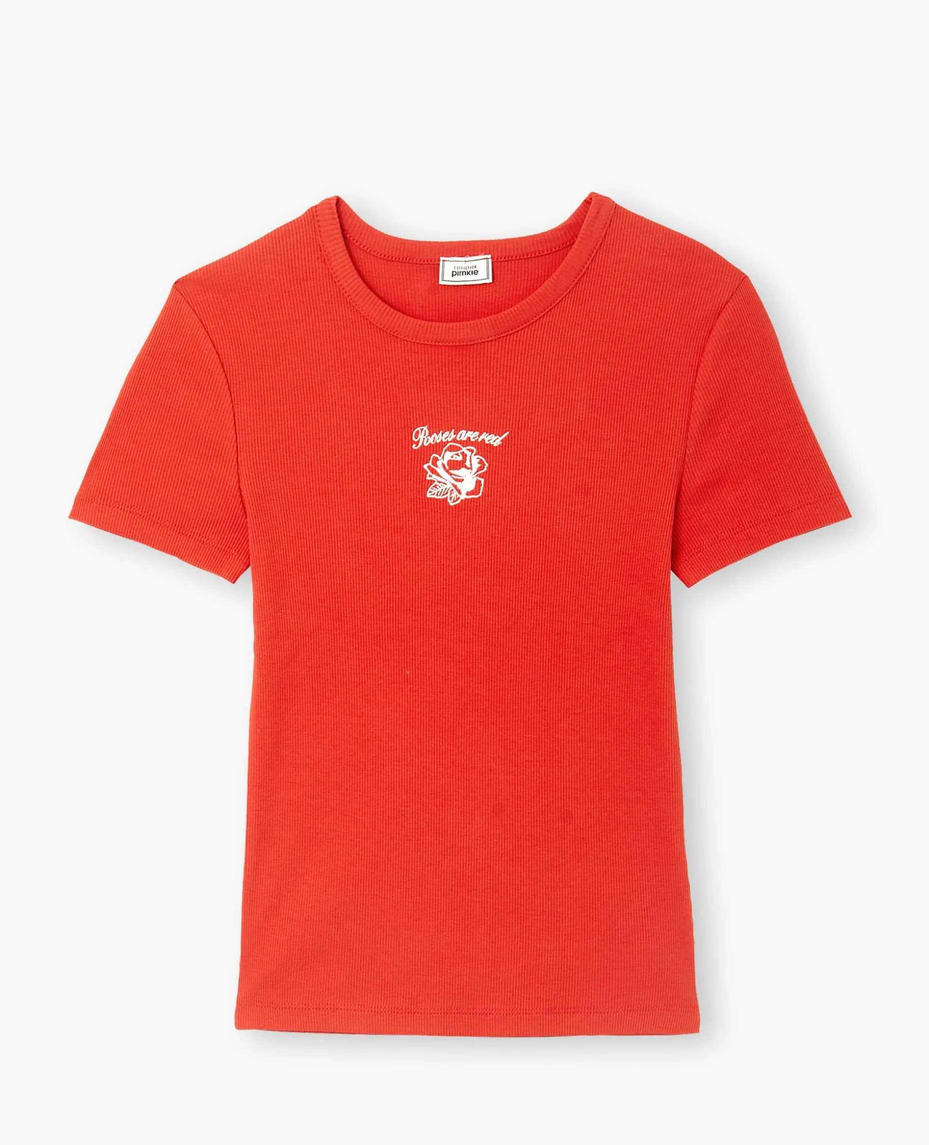 T-shirt En Maille Côtelée Avec Broderie - Rouge