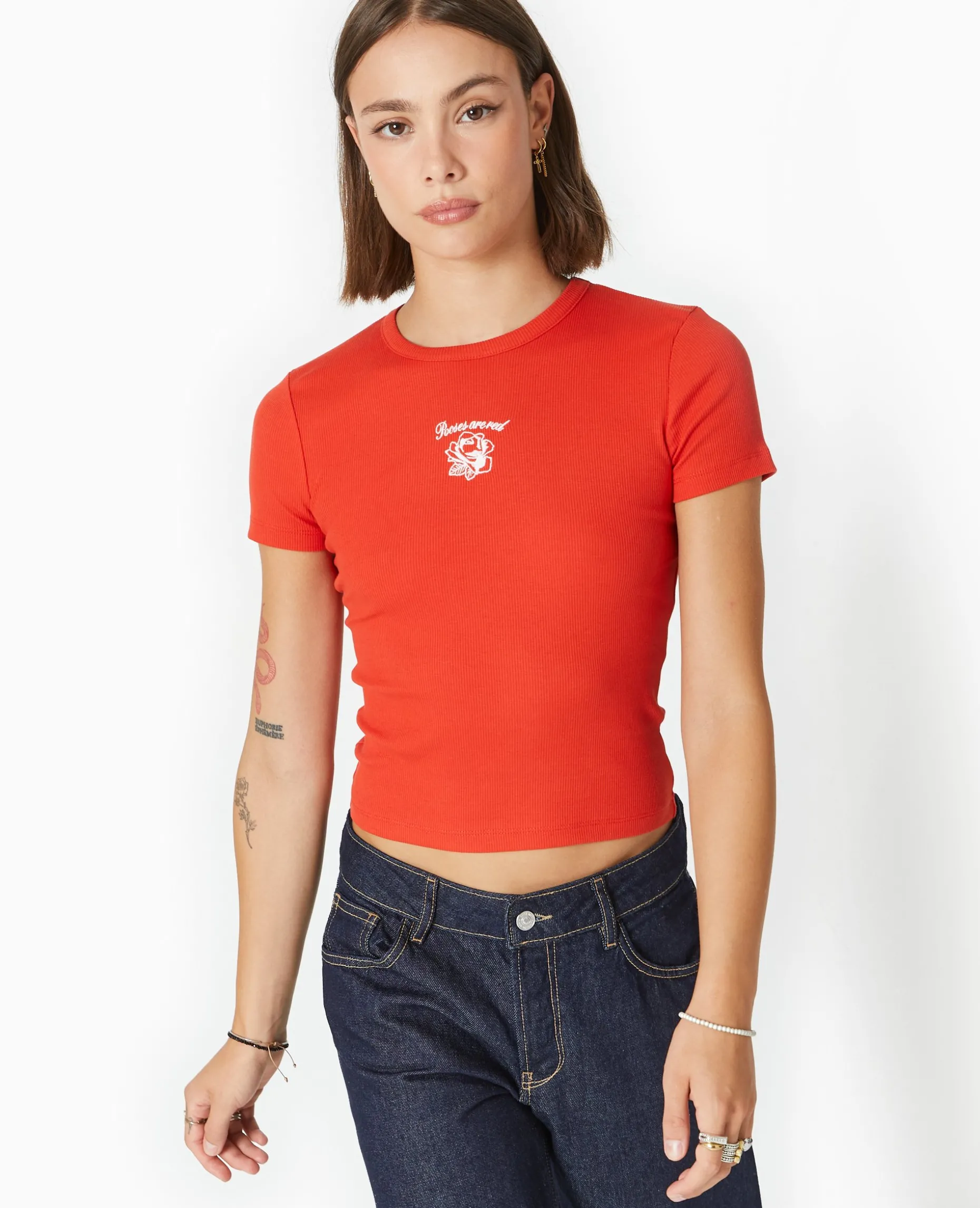 T-shirt En Maille Côtelée Avec Broderie - Rouge
