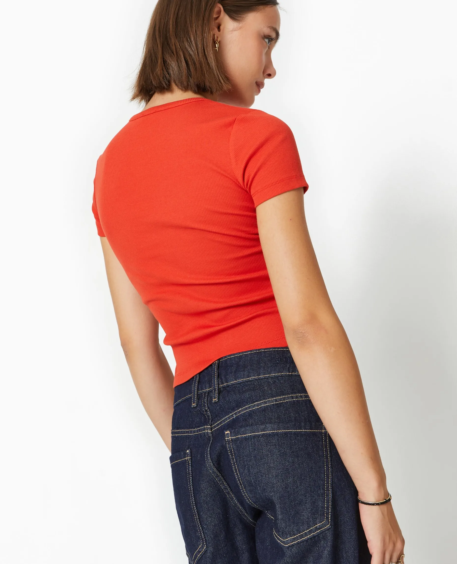 T-shirt En Maille Côtelée Avec Broderie - Rouge