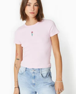 T-shirt En Maille Côtelée Avec Broderie - Rose Poudré