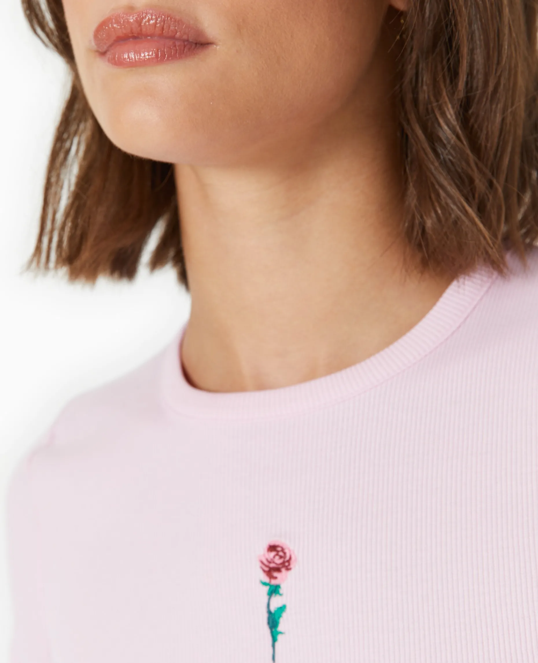 T-shirt En Maille Côtelée Avec Broderie - Rose Poudré